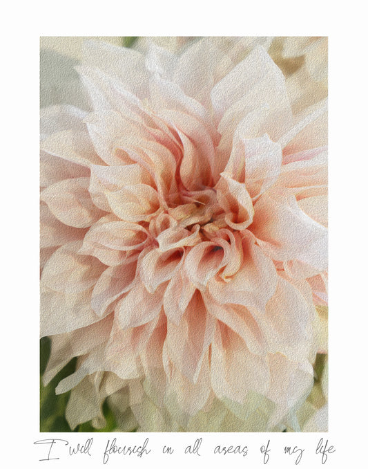 Digitally textured dahlia flower print in soft pink and pale green tones 