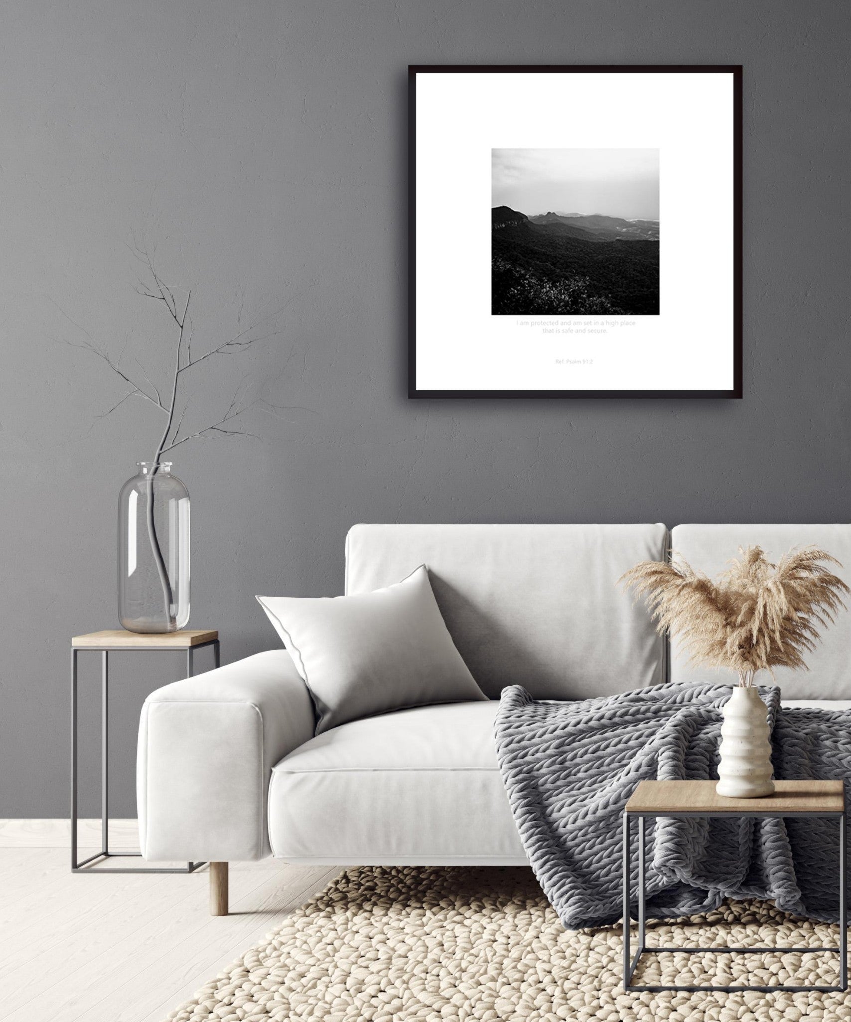 A monochrome photograph print surrounded by a white border of mountains inspired by Psalm 91:14 