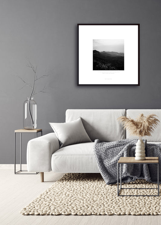 Serene monochrome photograph print of mountains with white border inspired by Psalm 91:14 