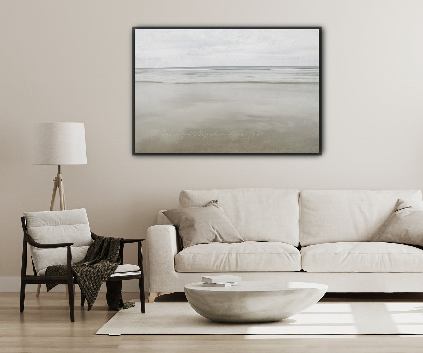  wall art with peaceful sea scene and soft moody tones 