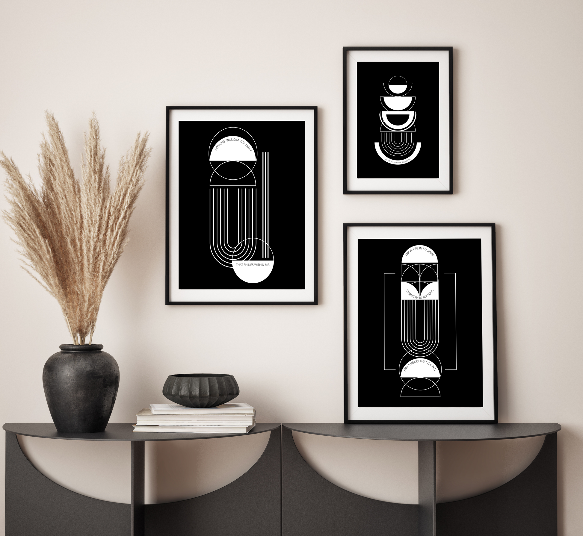  Three black and white  mid century designs and written  positive declarations. 