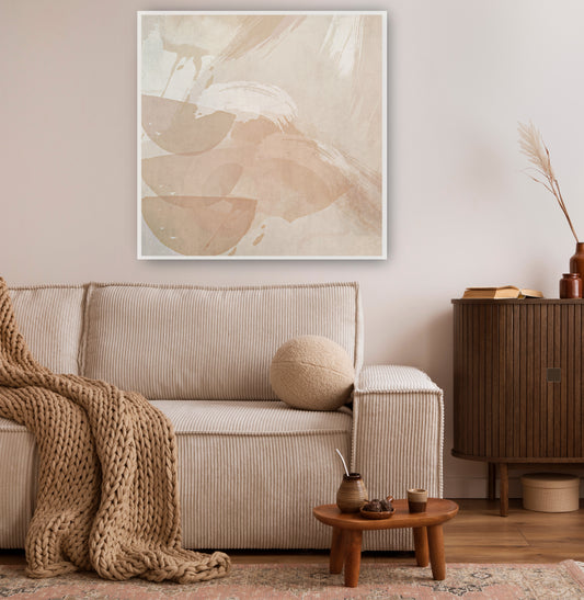 Abstract faith inspired wall art with soft muted tones and representational forms 