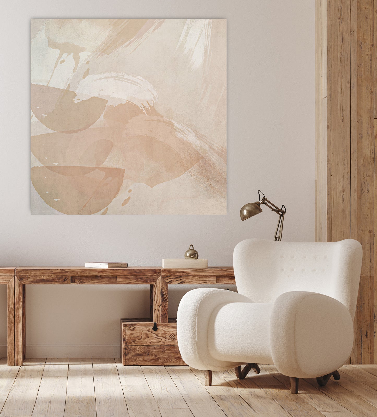 Abstract faith inspired wall art with soft muted tones and representational forms 