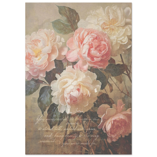Poster vintage look pink and soft off white flowers with muted background 