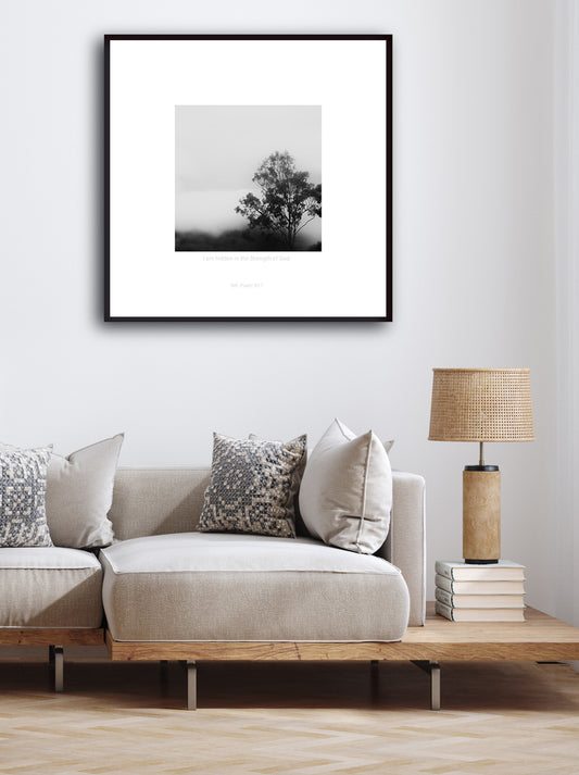 A meaningful muted monochrome landscape print with Bible verse