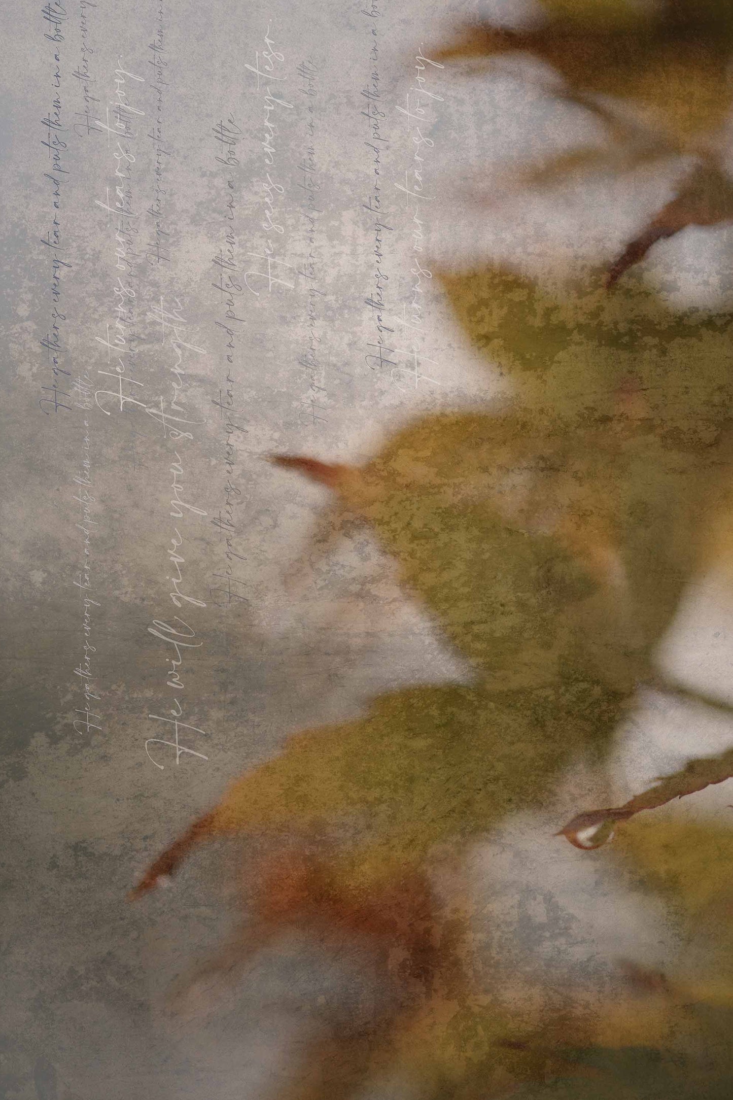 Abstracted wall art with soft muted tones and leaf forms with Biblical declarations