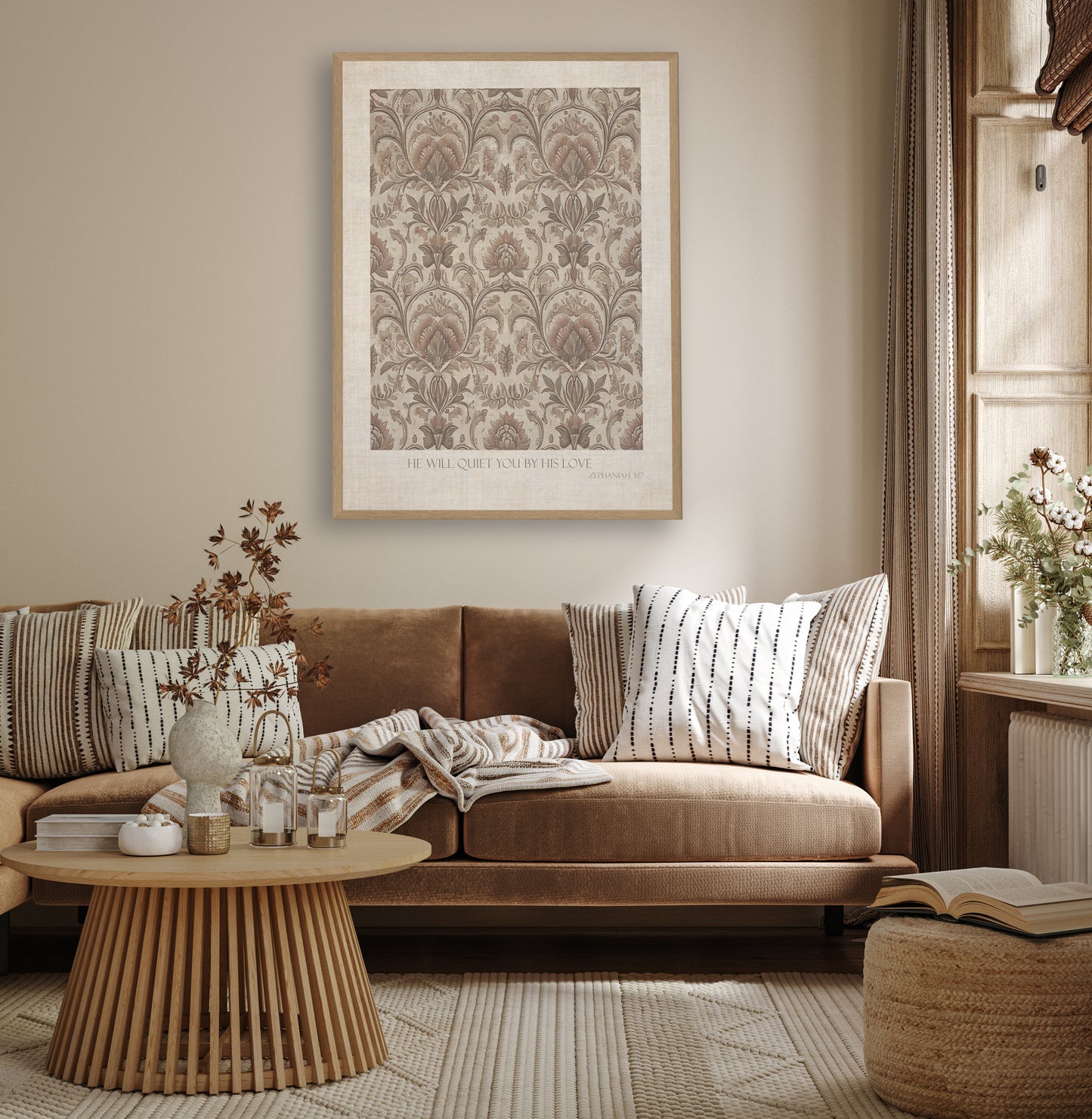 A Christian art print featuring a vintage damask pattern in muted beige, brown, and gray tones, with the words He will quiet you with His love