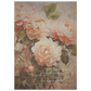 A vintage floral poster print  in soft muted tones with the words 'the unfolding beauty  of a gentle spirit' and 'I am kept in peace". softly inscribed on the print