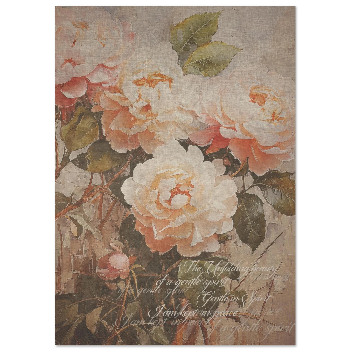 A vintage floral poster print  in soft muted tones with the words 'the unfolding beauty  of a gentle spirit' and 'I am kept in peace". softly inscribed on the print