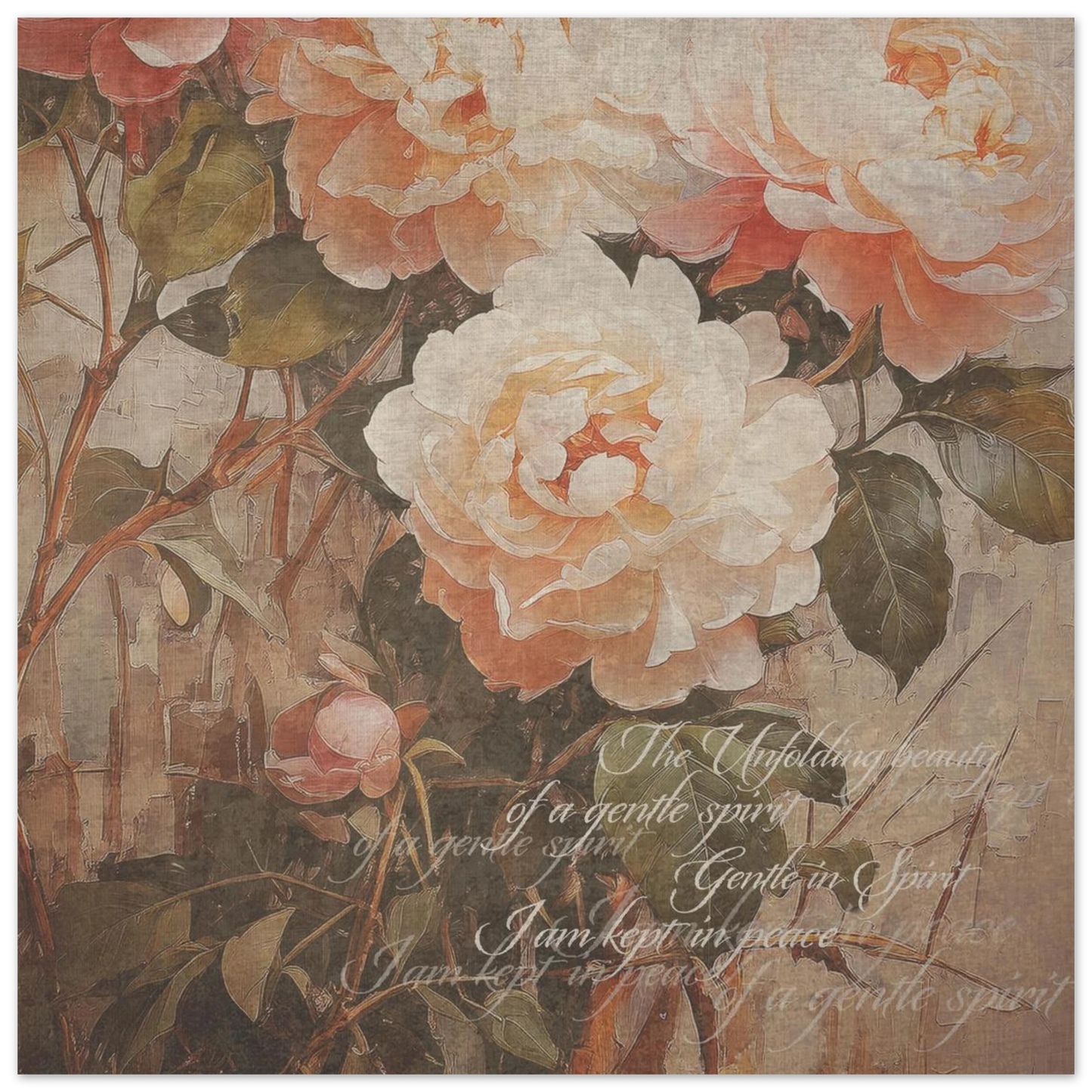 A vintage floral poster print  in soft muted tones with the words 'the unfolding beauty  of a gentle spirit' and 'I am kept in peace". softly inscribed on the print