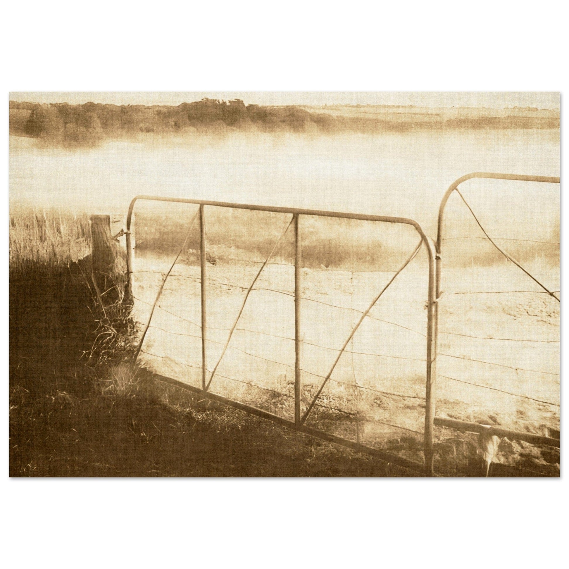muted landscape country style earthy ones old rustic gates mist over fields 