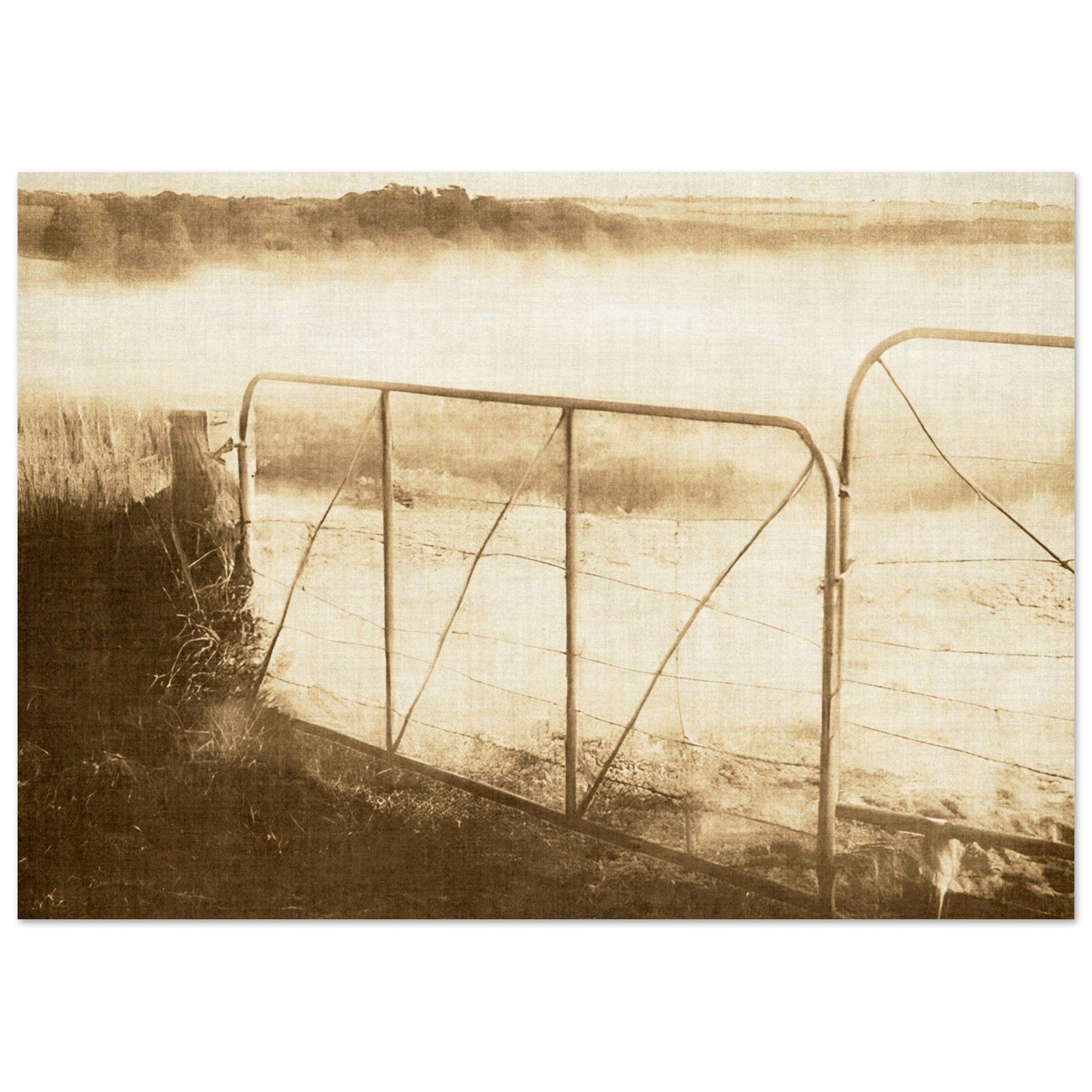 muted landscape country style earthy ones old rustic gates mist over fields 