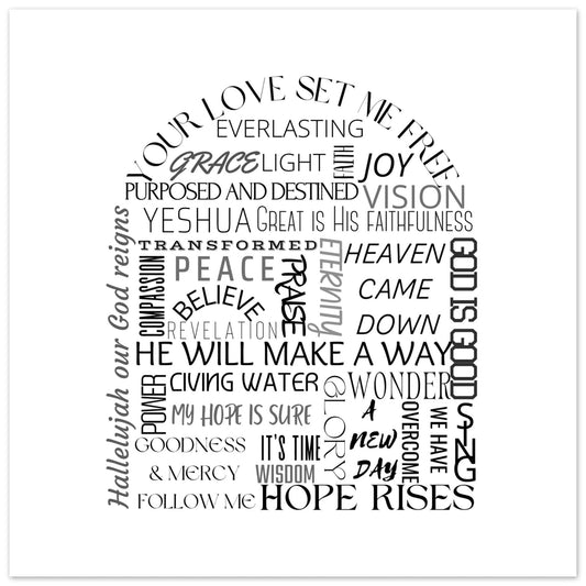 Word art featuring inspiring words and Bible truths to encourage, empower, and motivate, designed to bring hope and strength to the viewer