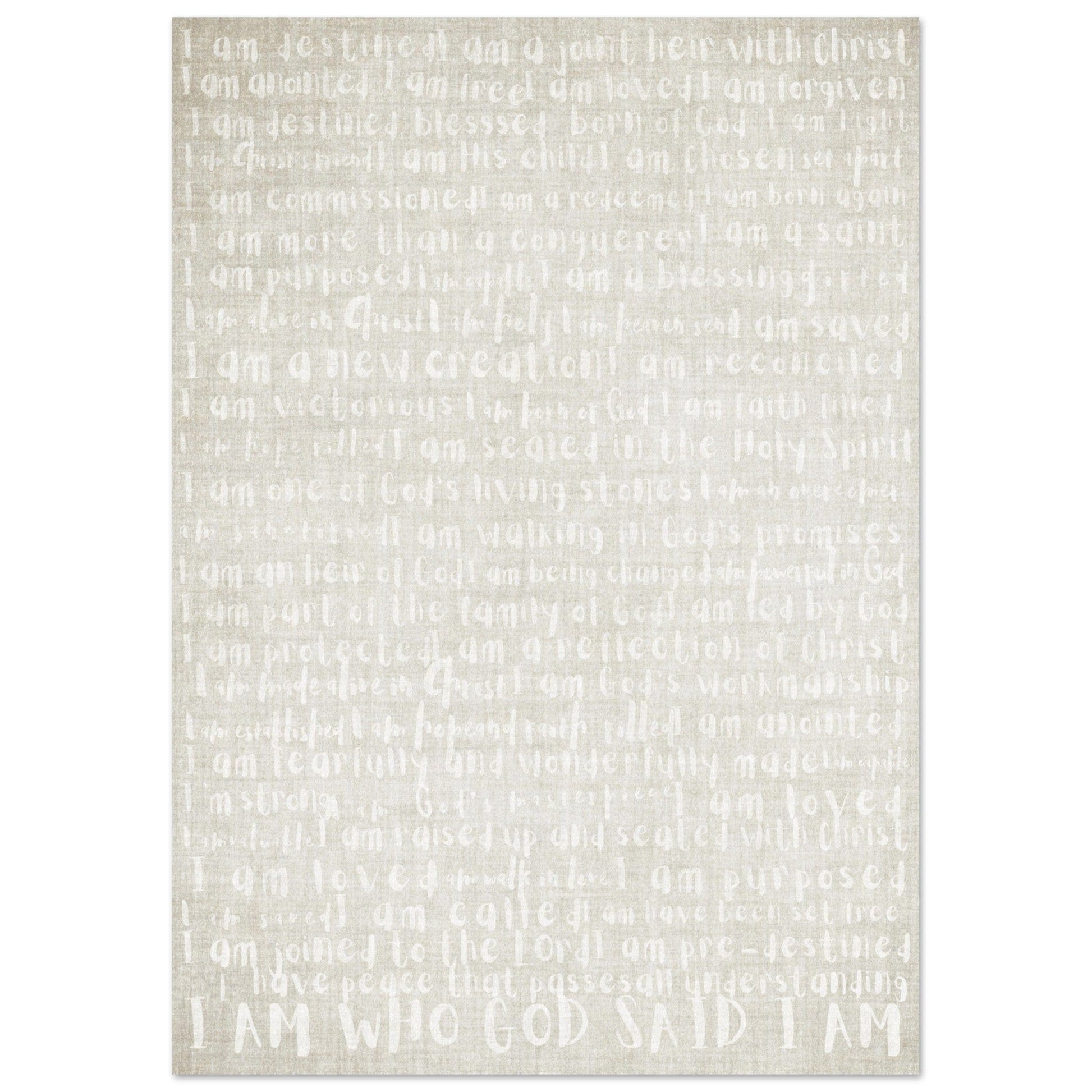 Word art poster around the theme of  'I am who God said I am' in white text on a beige natural look background