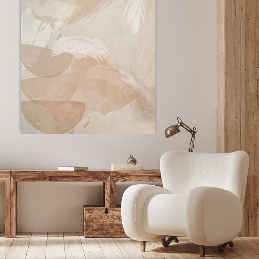 Modern abstract artwork with earthy beige bowls, white  paint strokes radiating outward