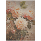 A vintage floral poster print  in soft muted tones with the words 'the unfolding beauty  of a gentle spirit' and 'I am kept in peace". softly inscribed on the print