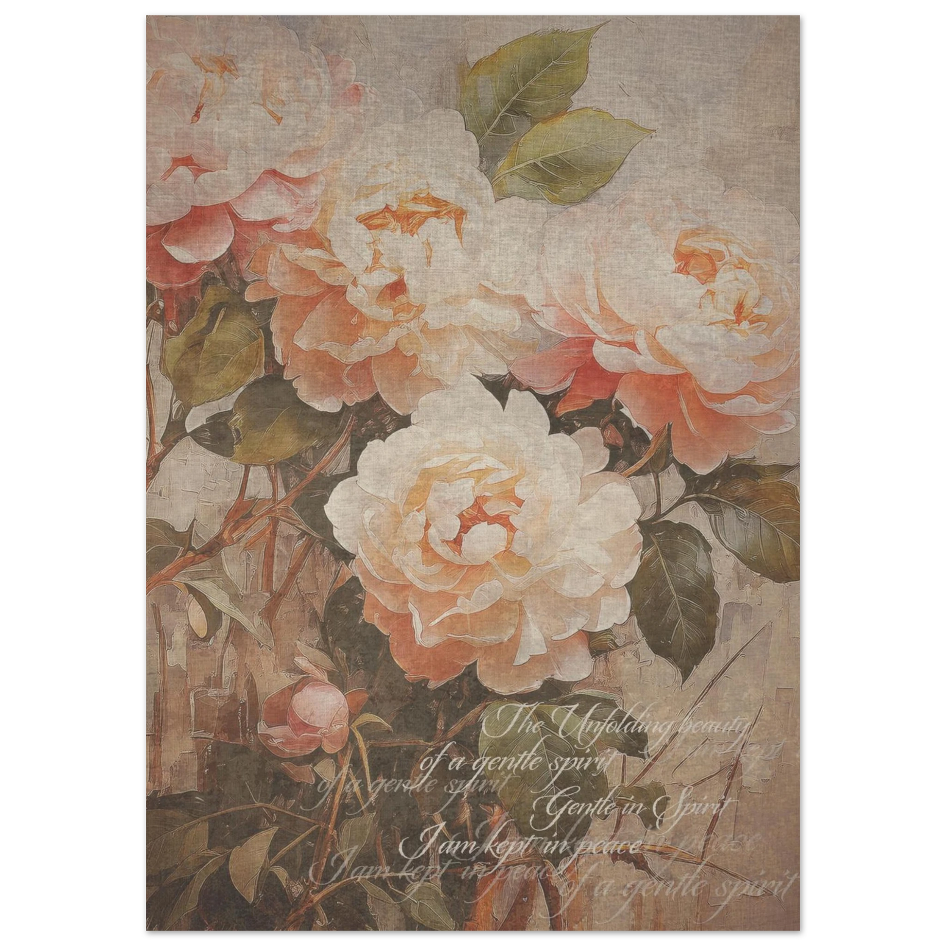 A vintage floral poster print  in soft muted tones with the words 'the unfolding beauty  of a gentle spirit' and 'I am kept in peace". softly inscribed on the print