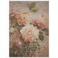 A vintage floral poster print  in soft muted tones with the words 'the unfolding beauty  of a gentle spirit' and 'I am kept in peace". softly inscribed on the print