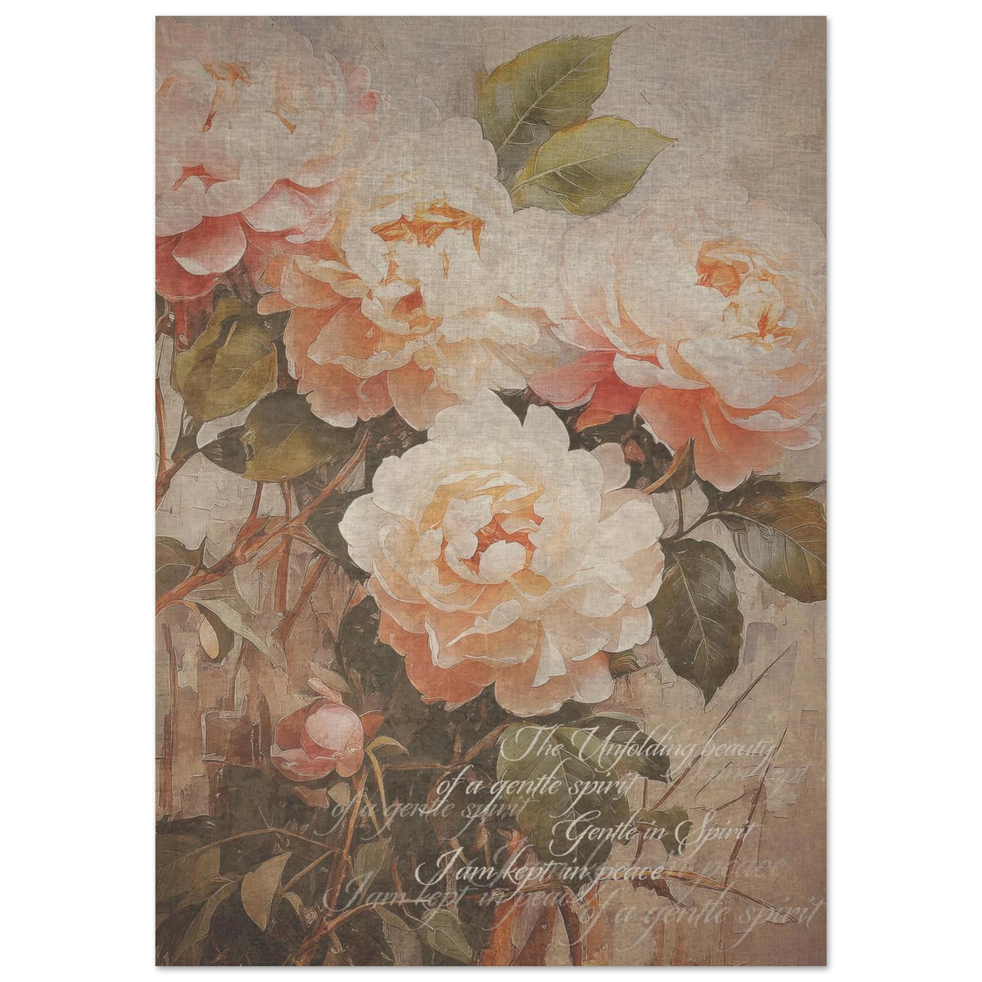 A vintage floral poster print  in soft muted tones with the words 'the unfolding beauty  of a gentle spirit' and 'I am kept in peace". softly inscribed on the print