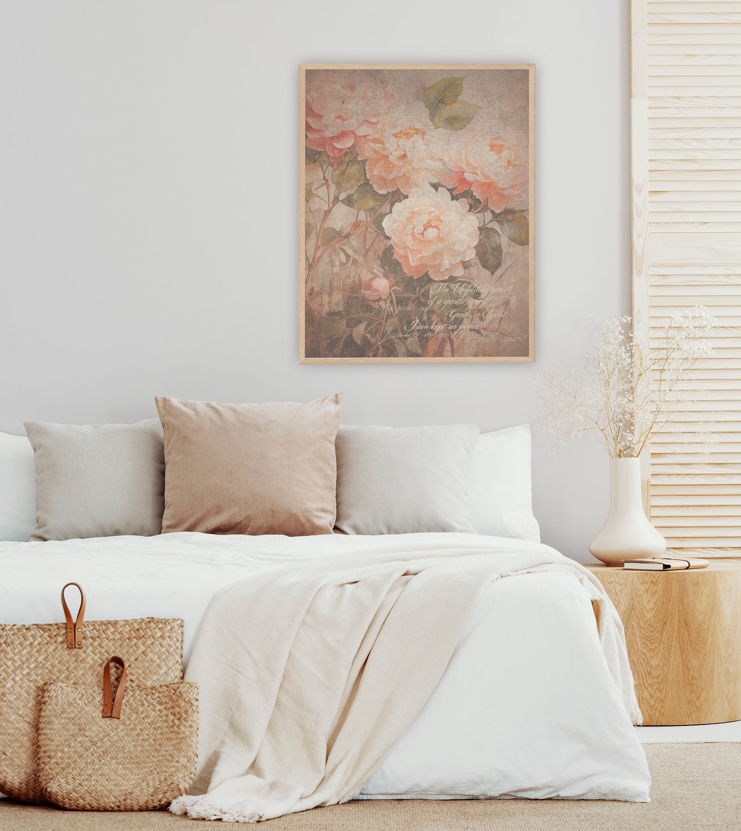 A vintage floral poster print  in soft muted tones with the words 'the unfolding beauty  of a gentle spirit' and 'I am kept in peace". softly inscribed on the print
