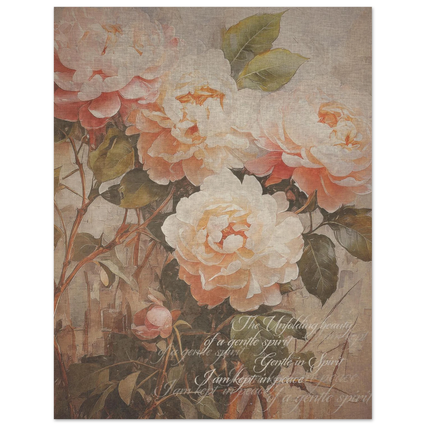 A vintage floral poster print  in soft muted tones with the words 'the unfolding beauty  of a gentle spirit' and 'I am kept in peace". softly inscribed on the print