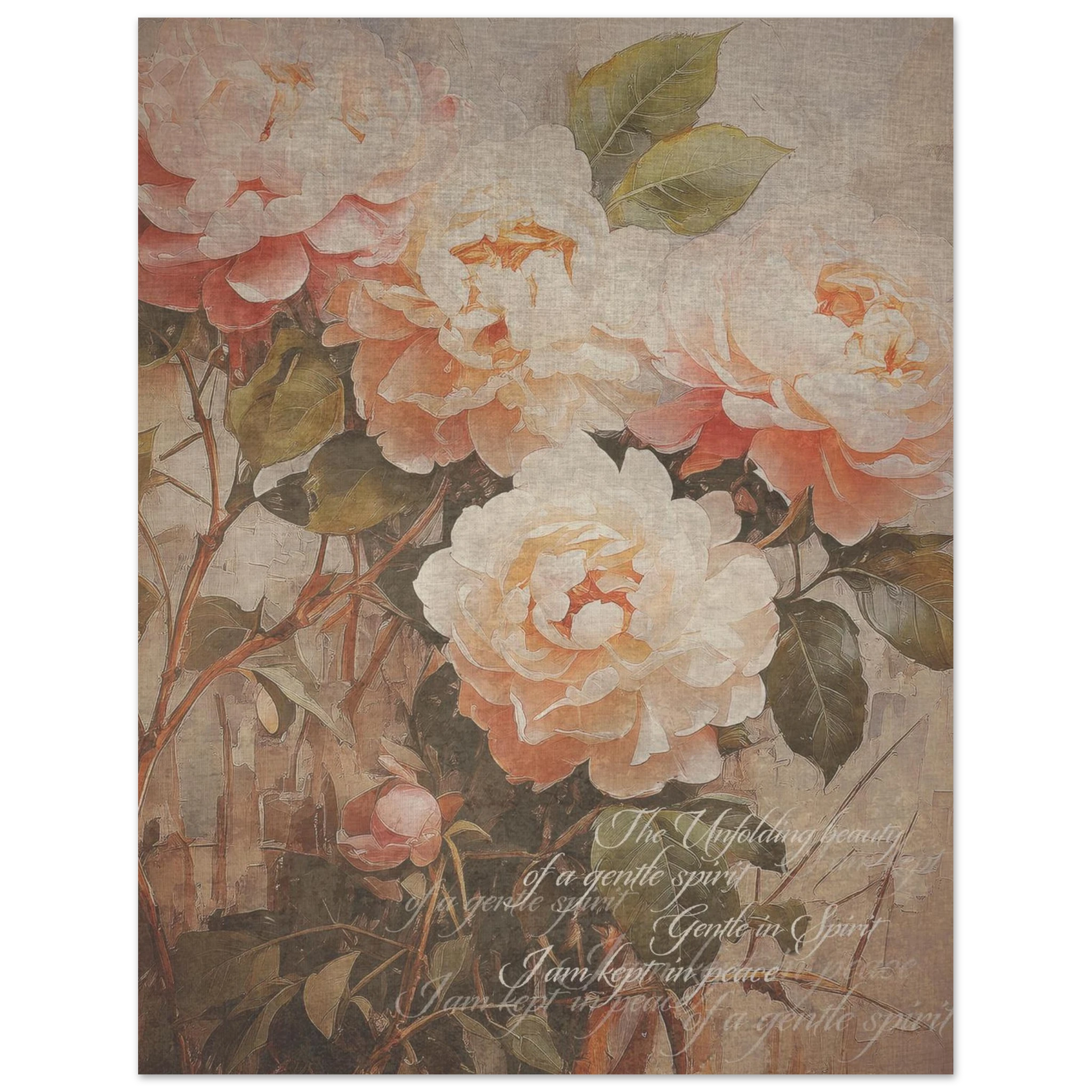 A vintage floral poster print  in soft muted tones with the words 'the unfolding beauty  of a gentle spirit' and 'I am kept in peace". softly inscribed on the print
