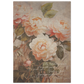 A vintage floral poster print  in soft muted tones with the words 'the unfolding beauty  of a gentle spirit' and 'I am kept in peace". softly inscribed on the print