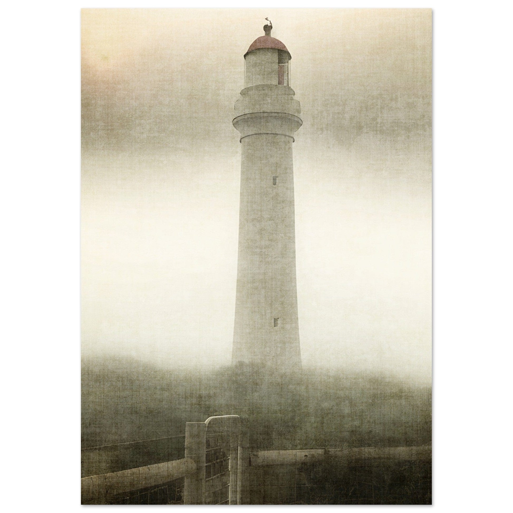 Coastal style poster with a muted lighthouse scene, weathered wood fence, and neutral-toned foliage on an earthy background