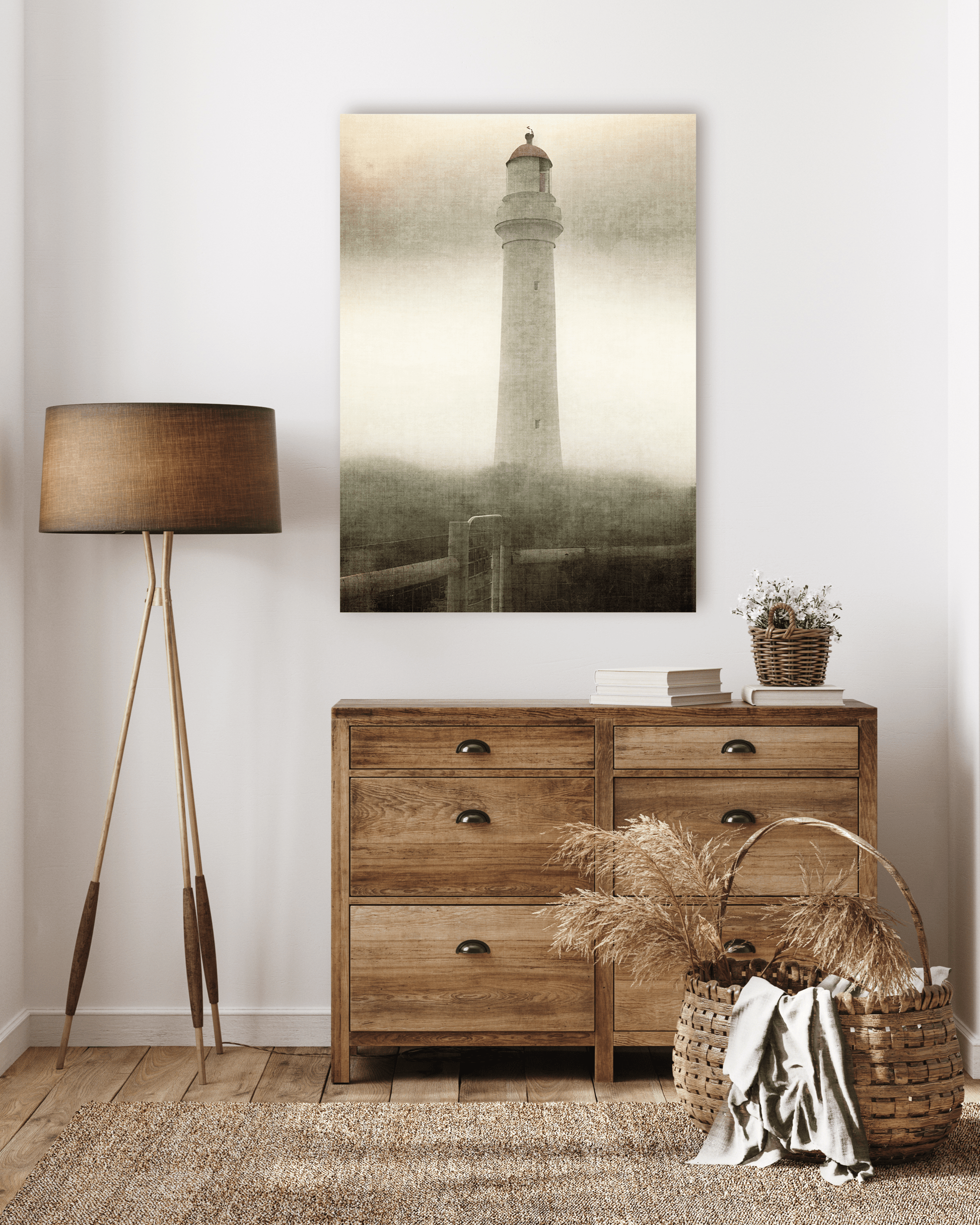  WATCHING AND WAITING - Seascape & Ocean themed  nautical Print of a muted lighthouse in earthy tones