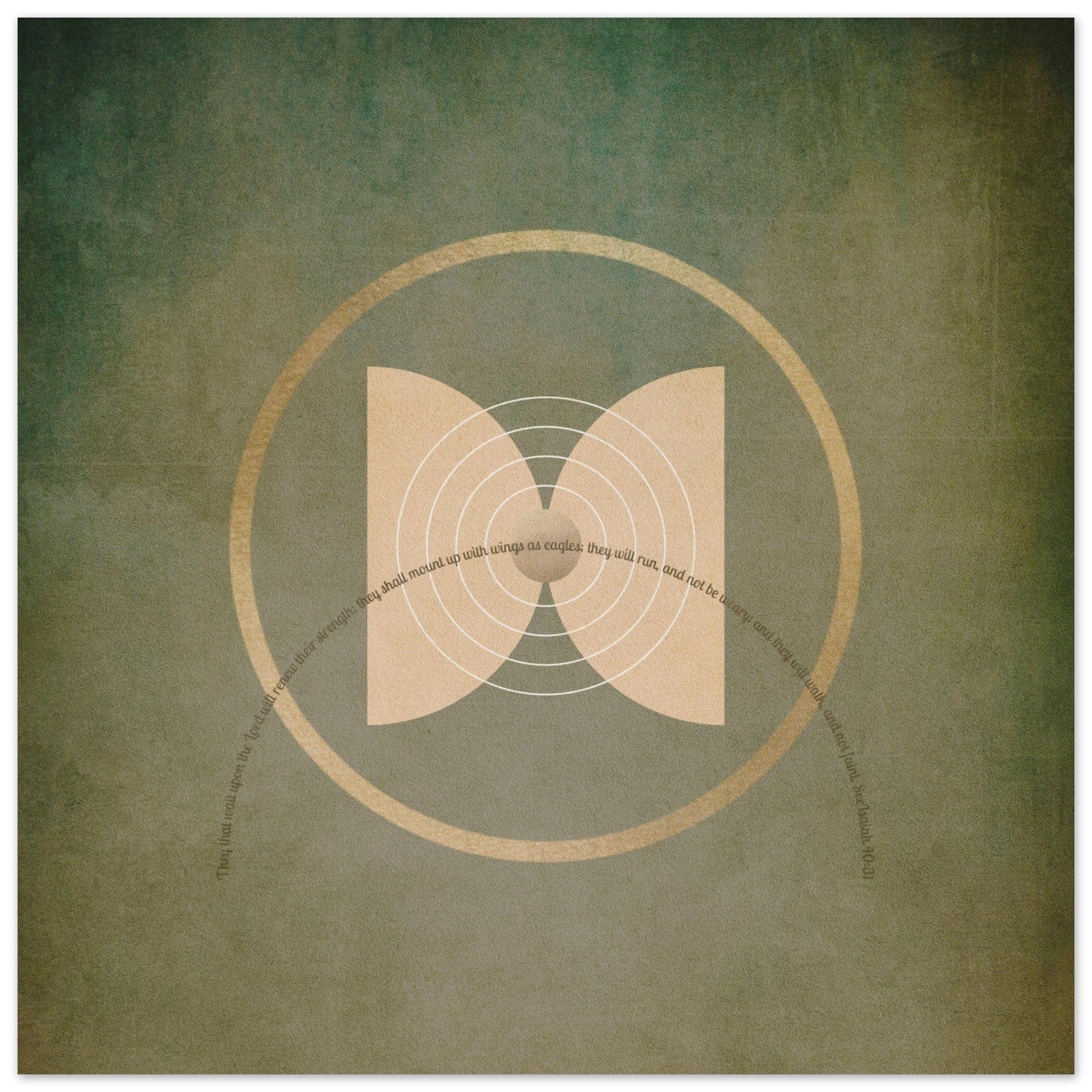 A poster with a geometric butterfly design in a muted earthy colour palette,.