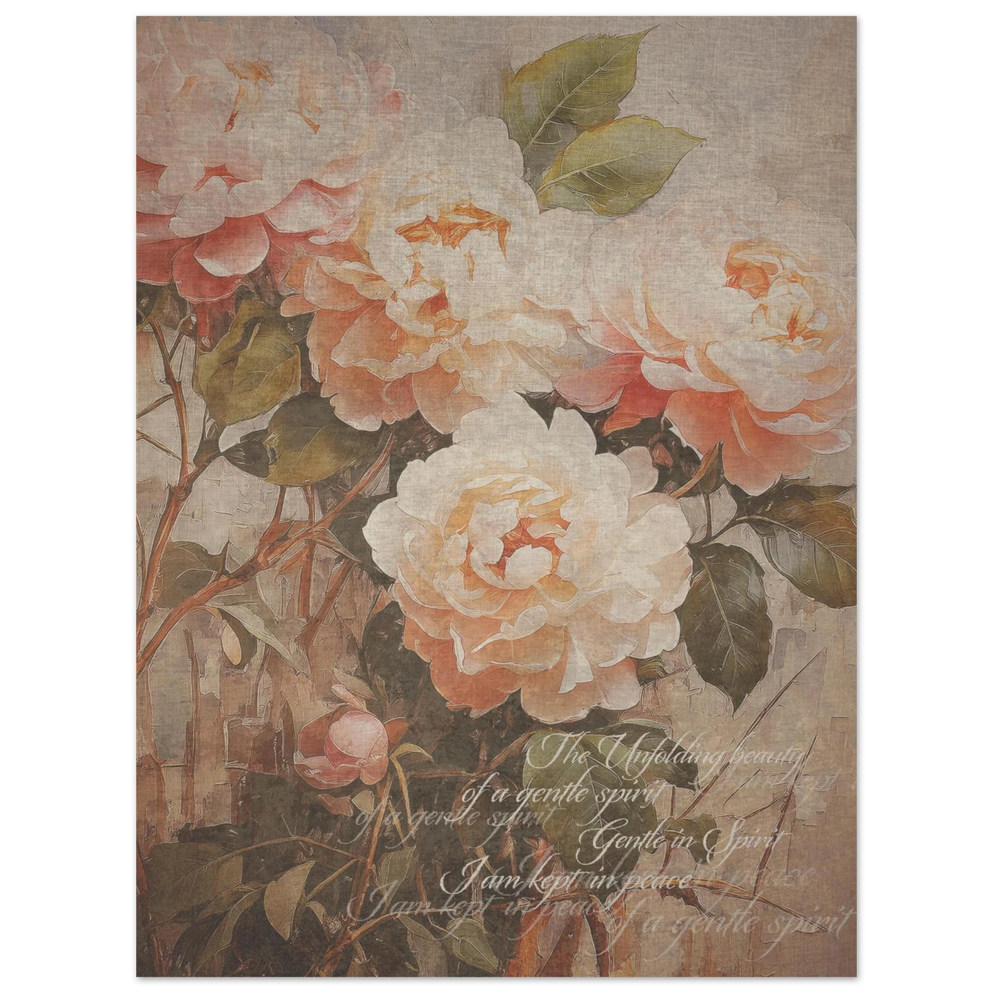 A vintage floral poster print  in soft muted tones with the words 'the unfolding beauty  of a gentle spirit' and 'I am kept in peace". softly inscribed on the print